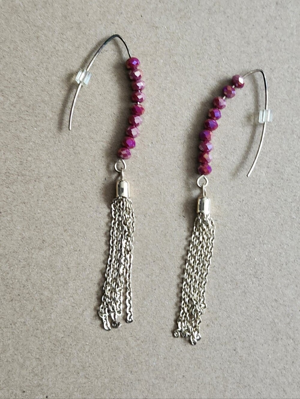 Fuchsia Beaded Tassel Drop Earrings with Silver Chain Fringe